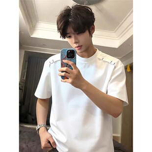 美式 少年感拼接白色短袖 boxy解构重磅半袖 夏季 正肩小领口t恤 男款