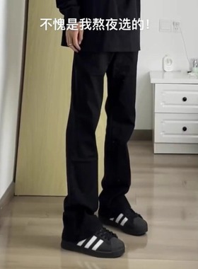 cleanfit黑色微喇牛仔裤男款秋冬加绒显瘦裤子美式高街潮牌直筒裤