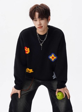 美式花卉刺绣重磅圆领卫衣男潮牌加绒宽松打底衫百搭休闲黑色上衣