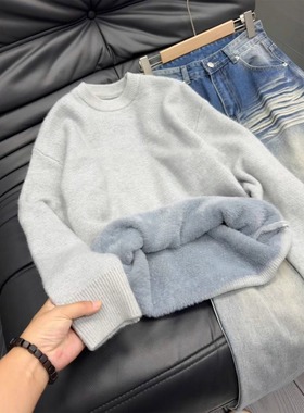 浅灰色加绒加厚毛衣男款秋冬内搭保暖针织衫慵懒风高级感线衣外套