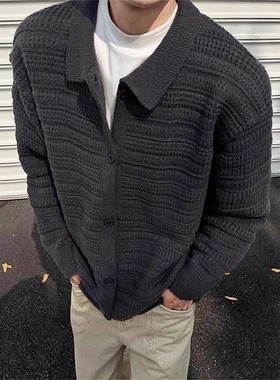 深灰色针织开衫外套男款秋冬慵懒风高级感男装cleanfit翻领毛衣