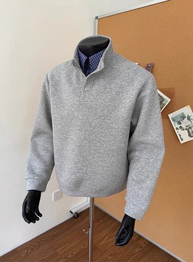 秋季新款蓝色格子假两件立领卫衣男休闲复古老钱风系百搭外套上衣