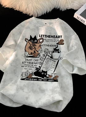 美式扎染短袖t恤男生夏季印花潮牌ins高街宽松圆领半袖情侣款卡通