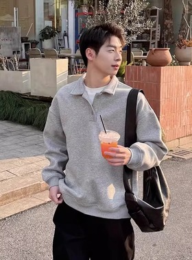 高级感翻领灰色卫衣男秋冬季宽松加绒休闲POLO衫套头上衣简约长袖