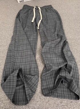 cleanfit灰色格子裤男春季格纹松弛感慵懒裤子美式休闲阔腿直筒裤