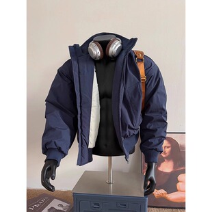 藏青色短款羽绒服男款冬季美式立领棉衣外套高级感飞行员夹克棉服