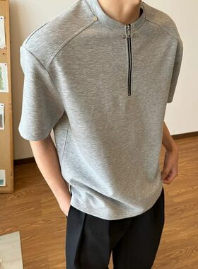 太空棉高级感半拉链垫肩t恤短袖男cleanfit美式高街设计感半袖tee