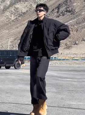 黑色轻薄短款羽绒服男冬季美式立领飞行夹克棉服工装棒球服外套