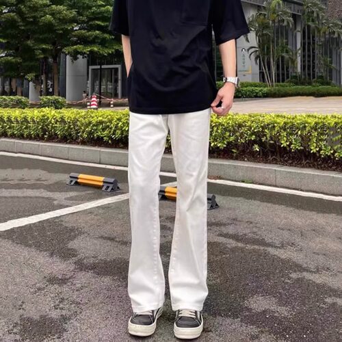 怪兽实验室美式休闲宽松百搭显瘦517微喇弹力设计复古白色牛仔裤