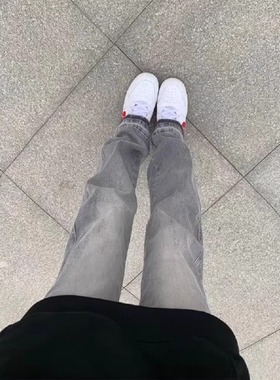 美式复古cleanfit裤子秋冬加绒加厚烟灰色牛仔裤男直筒修身微喇裤