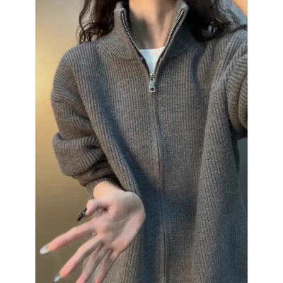 美式复古双拉链针织开衫立领毛衣