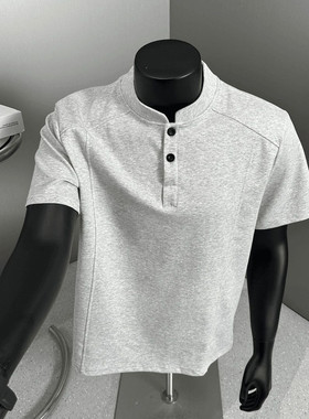 2026年裁剪解构polo衫亨利立领短袖t恤男款夏季美式潮牌宽松半袖
