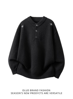 美式重磅亨利领刺绣毛衣男秋冬宽松慵懒风加厚内搭保暖黑色针织衫