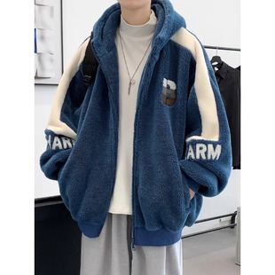 青少年羊羔毛绒外套男款冬季加绒厚连帽潮保暖初高中大学生棉衣服