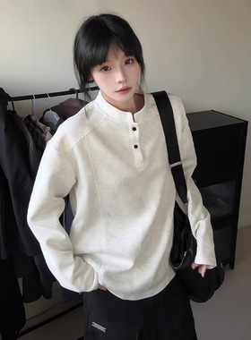 白灰色亨利领正肩长袖t恤男秋季美式解构拼接重磅卫衣立领打底衫