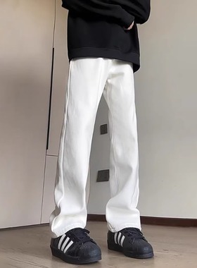 秋季美式白色牛仔裤男女基础复古显高显瘦百搭休闲情侣加绒长裤子