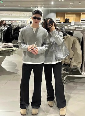 美式加绒假两件v领卫衣男款秋冬肌理感情侣长袖t恤重磅灰色打底衫