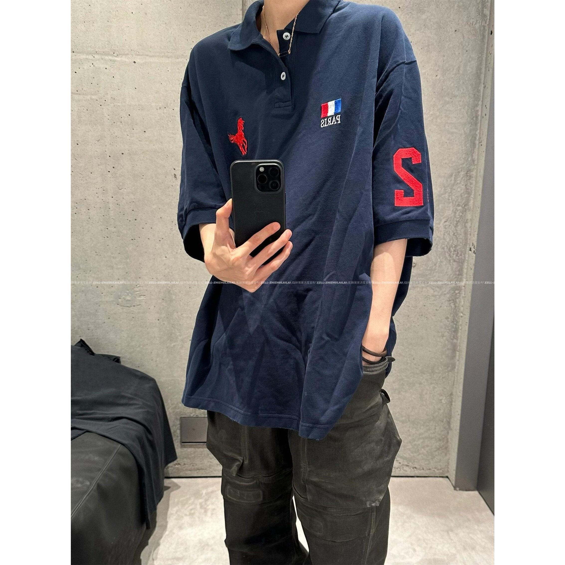 「咆哮战马」vanailusion 藏蓝色翻领POLO衫破坏短袖男女T恤情侣