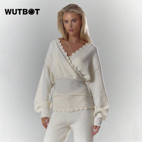 WUTBOT 法式V领蕾丝边毛衣女收腰泡泡袖温柔风长袖针织衫