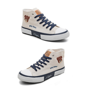 新款 百搭潮流学生板鞋 刺绣小熊高帮休闲帆布鞋 硫化大码 女韩版 春季