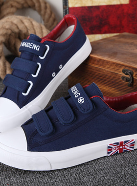 春季男懒人没鞋带粘贴魔术贴蓝色帆布球鞋女中学生粘扣运动平板鞋