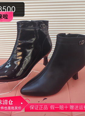 香香莉28500时尚漆皮尖头2024年冬高跟细跟加绒短筒时装靴