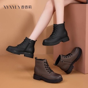 粗跟中跟短靴女靴加绒侧拉链马丁靴2025 新款 香香莉女鞋 32515冬季
