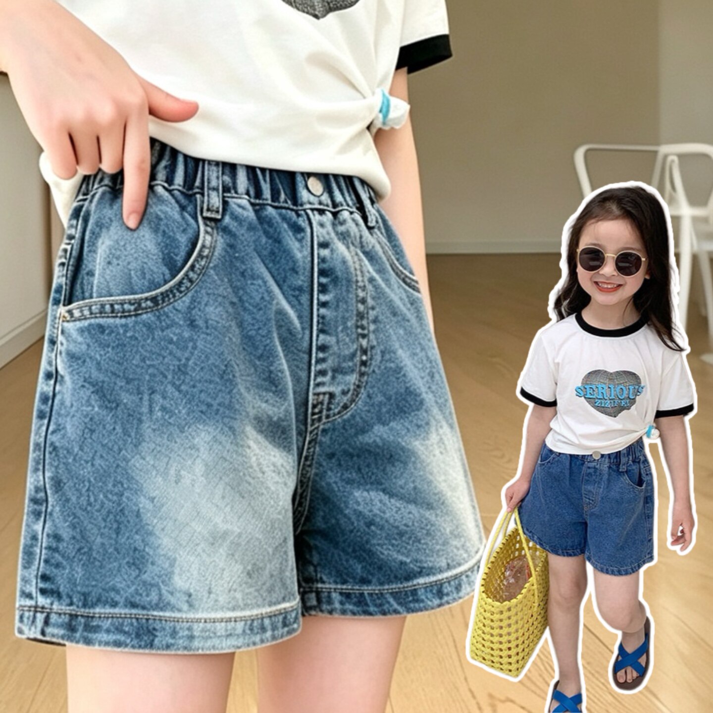 女童牛仔短裤中大小女童韩版洋气百搭热裤儿童休闲简约牛仔短裤