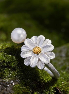 《露珠与小雏菊》新中式925纯银女珍珠花朵设计感开口可调节戒指