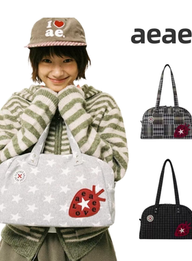 韩系aeae学院风草莓贴布星星保龄球包格纹手提单肩包大容量腋下包