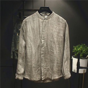 亚麻衬衫男士长袖春秋季纯色日系简约全麻抗皱透气休闲立领衬衣服