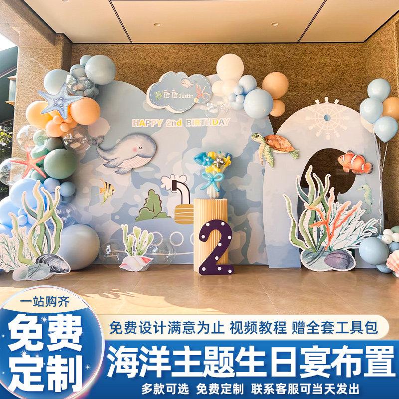 海洋水族馆主题男女宝宝一周岁宴场景装饰布置生日派对背景墙kt板