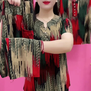 夏季新款妈妈冰丝套装女中老年弹力印花两件套奶奶装短袖上衣裤子