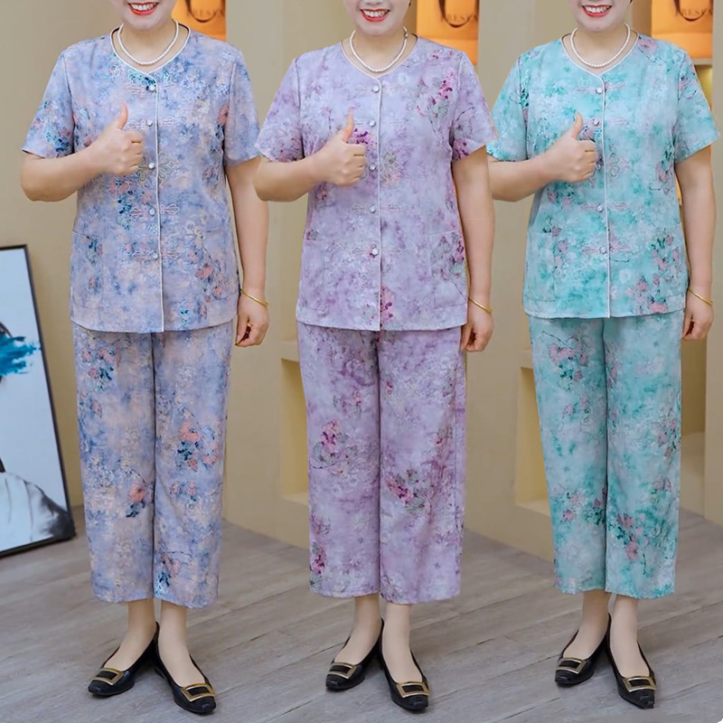 奶奶夏装套装中老年人冰丝两件套