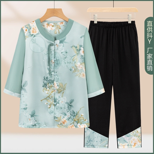 女媽媽中袖 子 奶奶新中式 中老年人夏裝 短袖 衣服褲 老人唐裝 套裝 襯衫