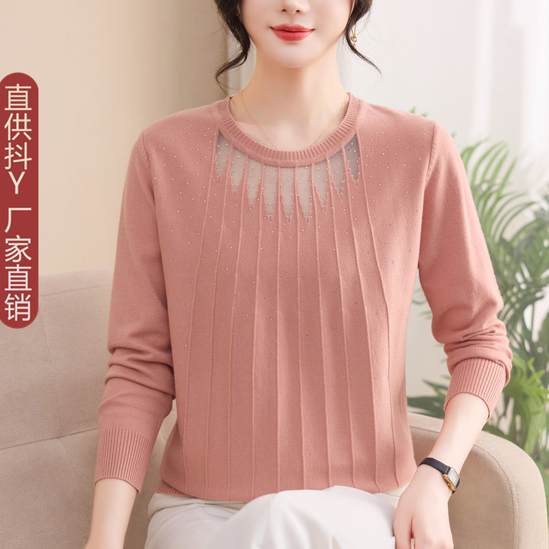 中老年女烫钻时尚圆领小衫上衣