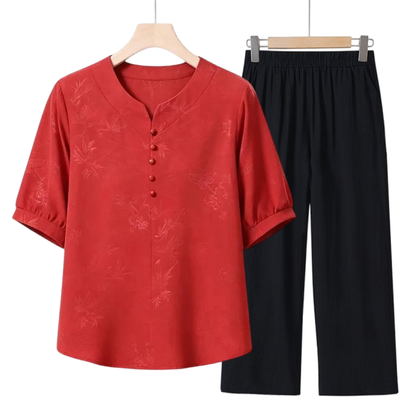 妈妈夏季衬衣中袖衬衫夏装两件套
