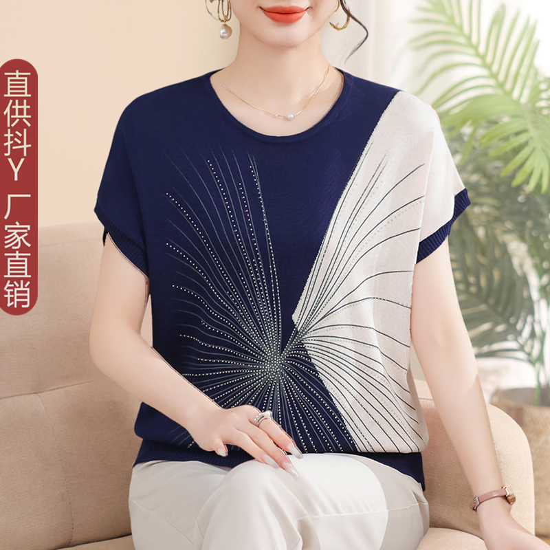 2026新款撞色短袖T恤上衣中老年女装蝙蝠袖小衫妈妈夏装冰丝套装
