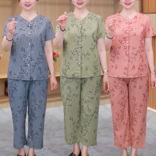 奶奶夏装套装中老年人冰丝两件套