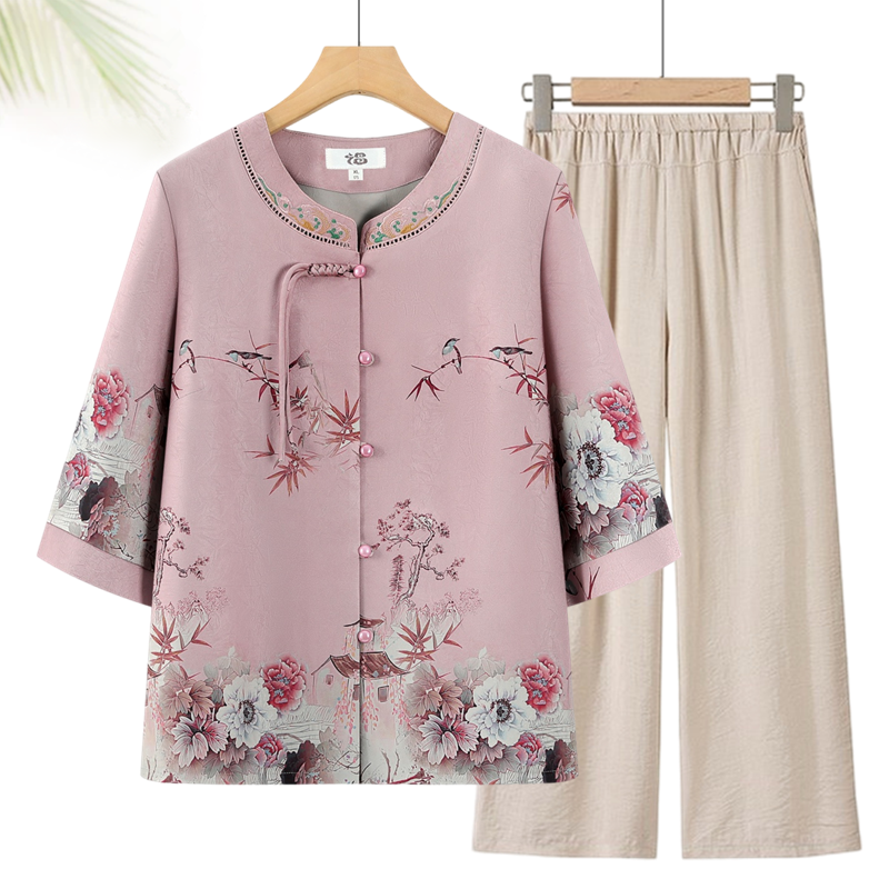 奶奶新中式套装中老年人夏装女妈妈中袖衬衫太太国风开衫老人衣服