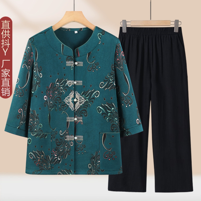 中老年人女装冰丝缎衬衫奶奶春装七分袖开衫外套妈妈夏装短袖套装