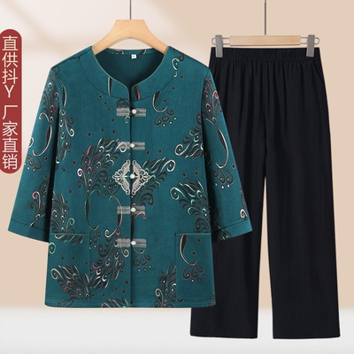中老年人女装七分袖冰丝缎衬衫