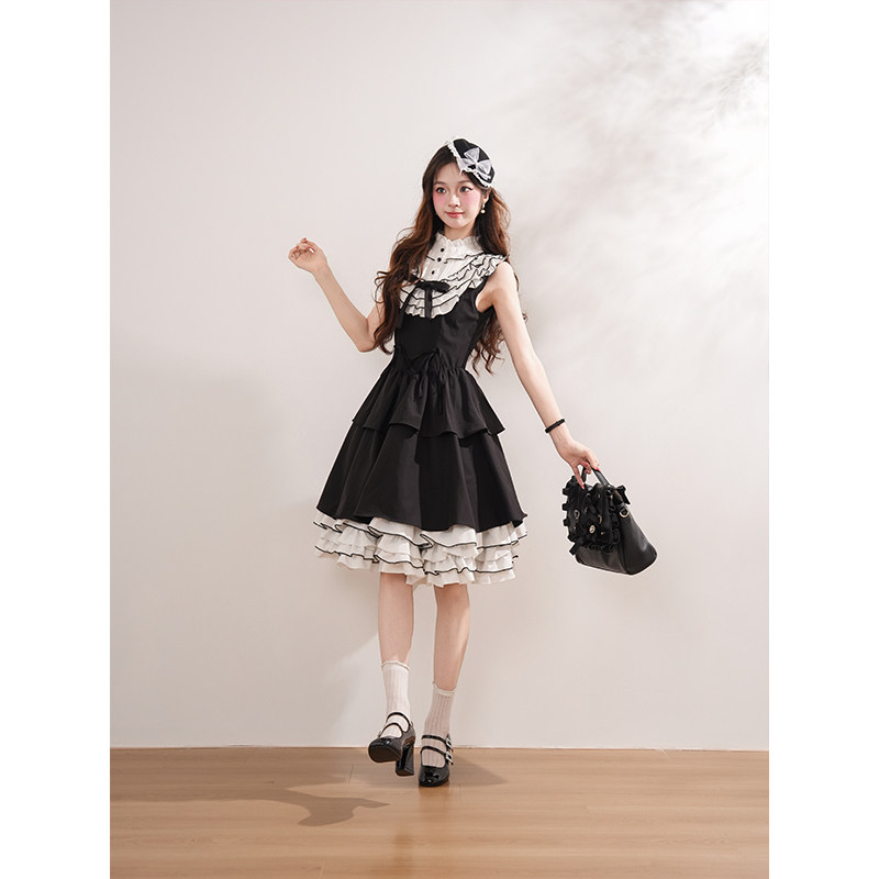 Lolita甜系黑白波点拼接连衣裙多层荷叶边洛丽塔洋装 jsk连衣裙女