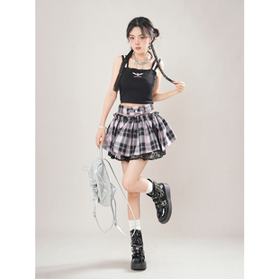 辣妹吊带上衣格纹短裙两件套新款甜辣小众设计高级感时髦百搭套装
