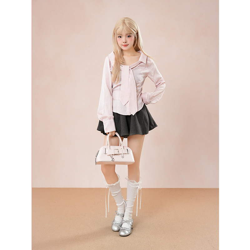 粉蔻学院 法式polo领条纹显瘦衬衫+深灰色短裙两件套2025秋季新款,女装/女士精品,时尚套装,淘宝优惠券,粉丝福利购,淘宝优惠卷