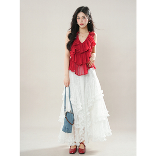 夏日海边度假风穿搭套装裙独特绝美复古红色背心花边半身裙两件套