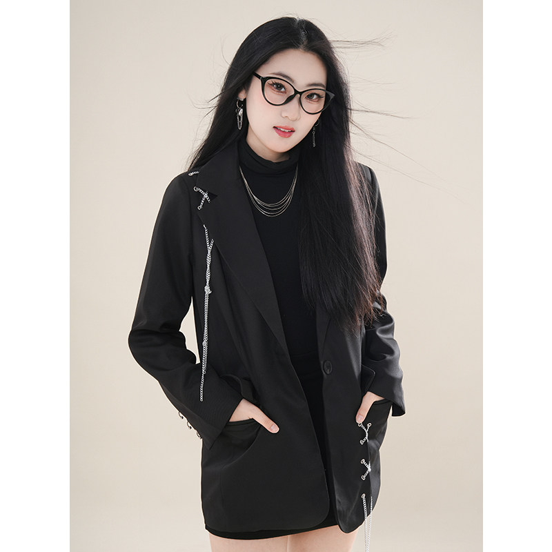 黑色西装外套女秋冬设计感小众炸街气质宽松小个子休闲西服