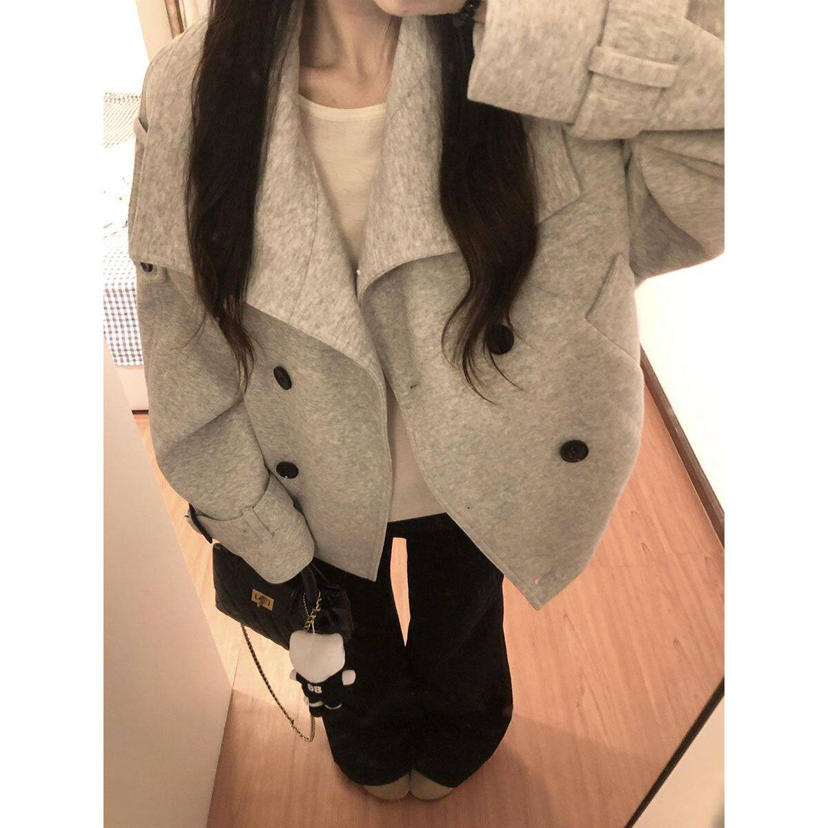 北岛情书韩系温柔气质百搭灰色外套新款宽松显瘦双排扣上衣女