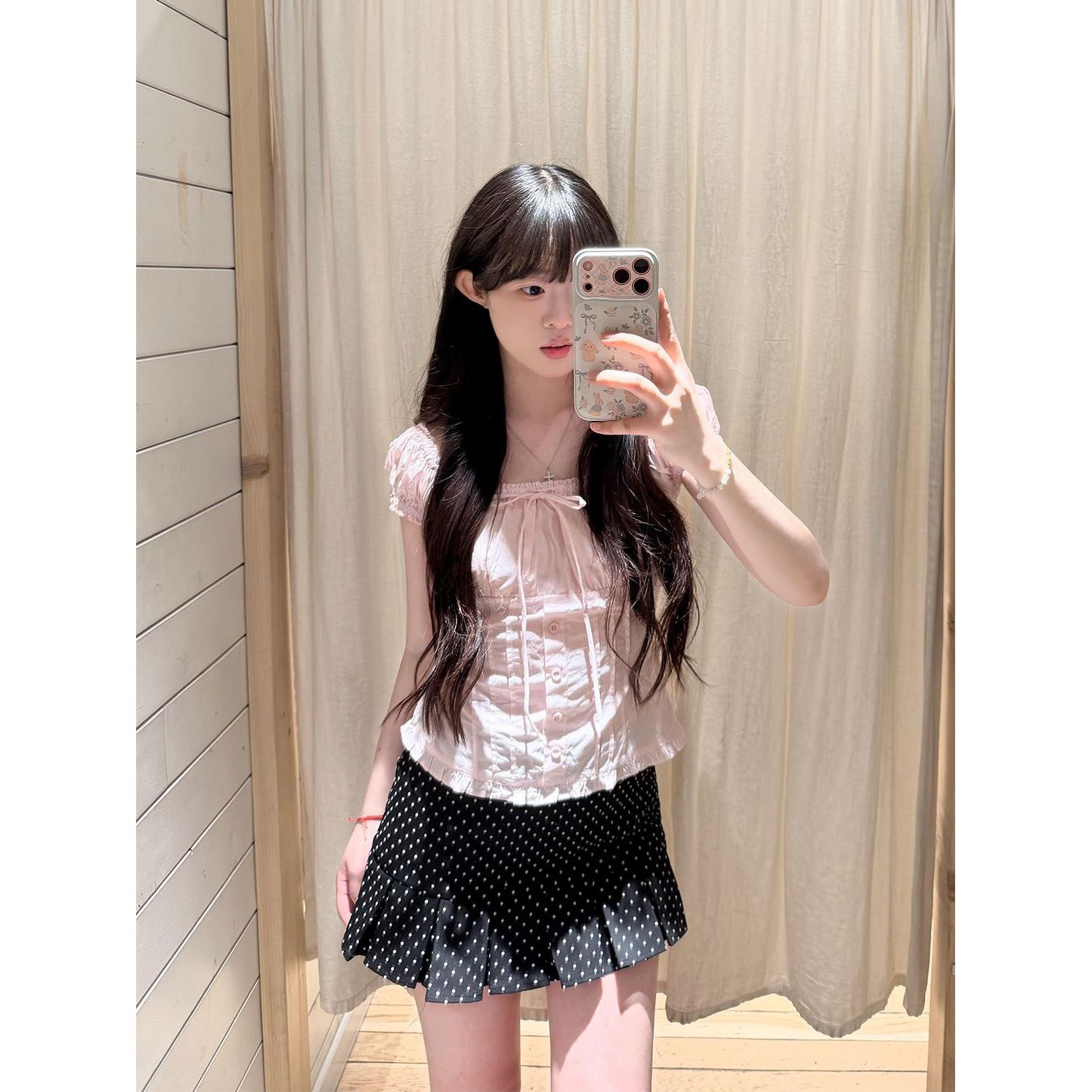 恋恋日记 韩系甜美正肩短袖衬衫女蝴蝶结上衣+波点百褶裙两件套装
