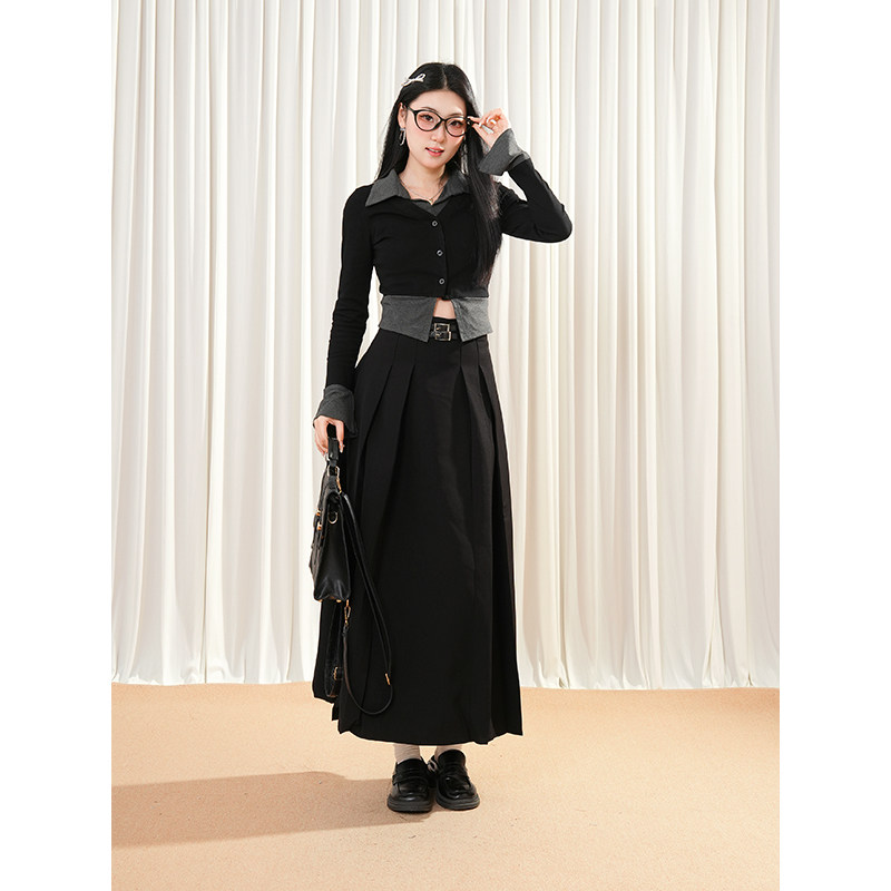 韩系慵懒风穿搭假两件polo领长袖收腰衬衫秋季新款设计感半裙套装,女装/女士精品,时尚套装,淘宝优惠券,粉丝福利购,淘宝优惠卷